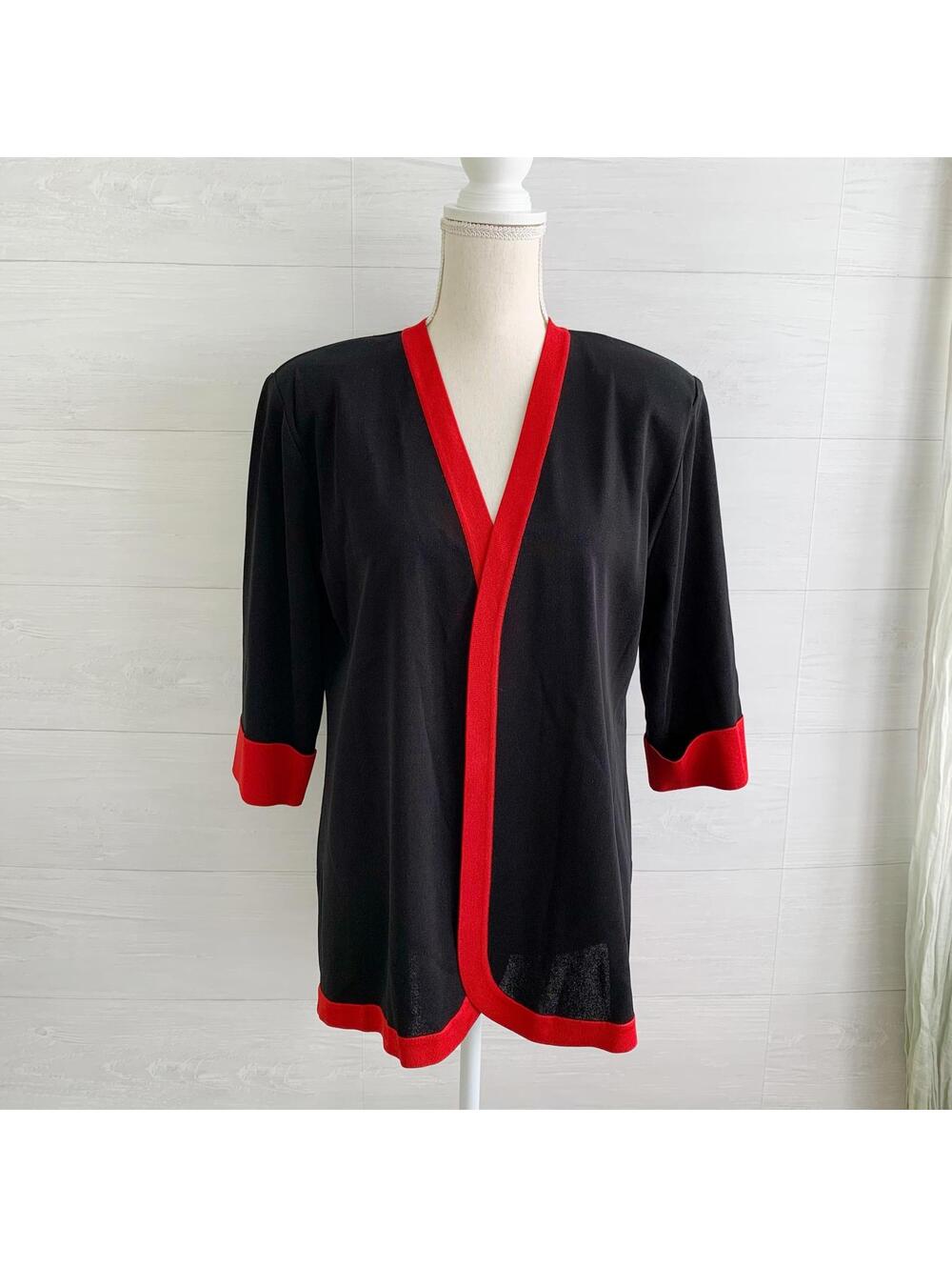 Exclusively Misook Black Red Trim Open Front Cardigan Sweater L 3/4 Sleeve